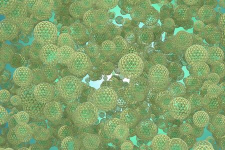 3D render of multiple lattice spheres of different sizes. The spheres are yellow-green in color against a bluish-green background.の写真素材
