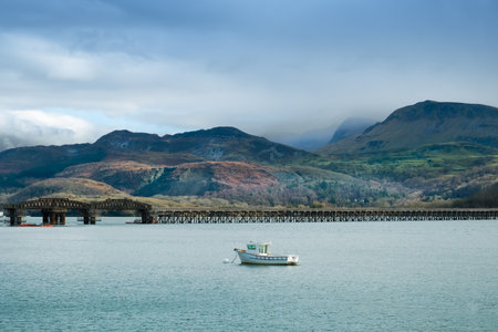 A scenic view from the town of Barmouth looking towards Mountains in the Snowdonia national park...