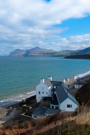 A view looking across the Llyn peninsula in North Wales near the village of Porthdinllaenの写真素材