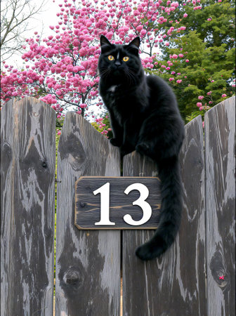 Superstition - Black Cat Sitting on a Garden Fence above the House Number 13の素材