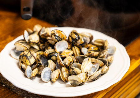 Close-up of a seafood dish, clams cooked healthy on the grillの写真素材