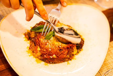 Close-up of a parmigiana with the cutlery to serve and taste itの写真素材
