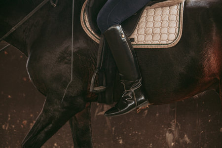 Detailed close-up of a rider's polished black riding boot in the stirrup, highlighting the elegance and precision of equestrian attire.の写真素材