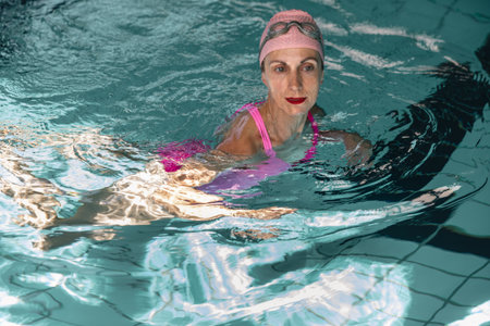 A female swimmer enjoys her time in an indoor swimming pool, partially submerged in the clear blue...