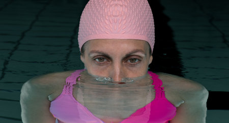 Close-up portrait of a woman swimmer in a pink swim cap, submerged in pool water up to her nose, with bubbles visible.の写真素材