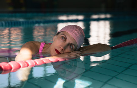 A female swimmer rests peacefully on the lane rope in an indoor pool. She wears a pink swim cap and swimsuit, enjoying a moment of tranquility in the serene water. Perfect for themes related to sports, fitness, swimming, and relaxation.の写真素材