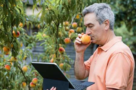 Man examining a peach while using a laptop in a home orchard.