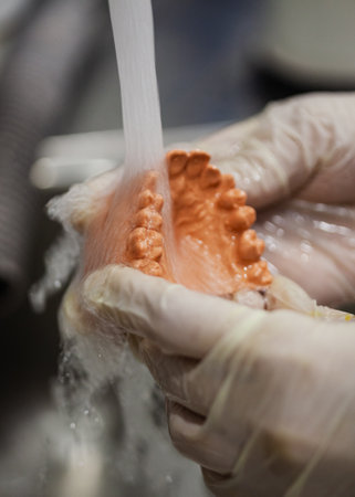 A person washes a dental mold under running water in the laboratory.の写真素材