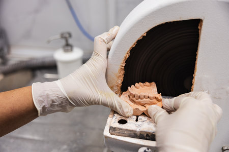 Detailed view of gloved hands working on a dental prosthetic mold in a laboratory.