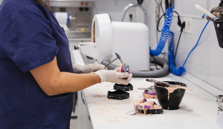 Close-up of an orthodontic technician cleaning a prosthetic mold in the lab.の写真素材