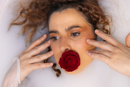 Portrait of woman in milk bath holding red camellia in mouth