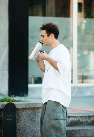 Skater drinks water during a street break, skateboard resting on the wallの写真素材