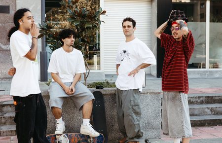 A group of four young skaters takes a break while chatting casually in an urban plaza. Dressed in relaxed streetwear, they rest on their skateboards and soak in the city atmosphere.の写真素材