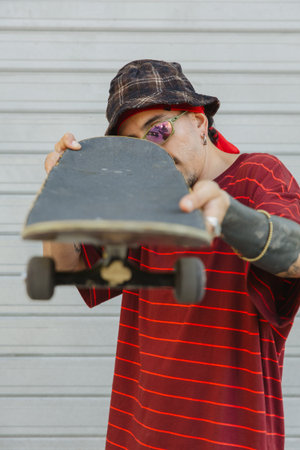 A bold and creative portrait of a young skater holding his skateboard vertically in front of his face, with a focus on the board's underside.の写真素材