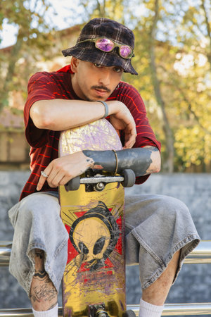Cool skater with bucket hat and shades leans on skateboard in the cityの写真素材