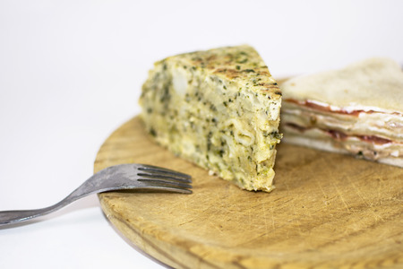 Omelet skewer and a sandwich, isolated on white background.の写真素材