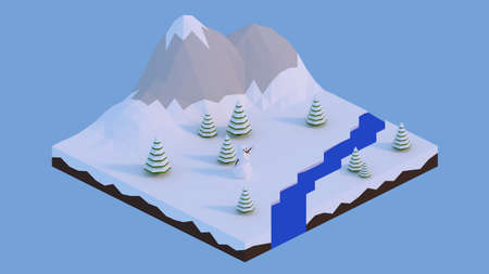 Low polygonal winter with snowman near river and trees in mountainの写真素材