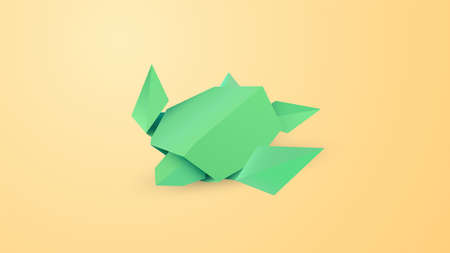 Origami green turtle on sand. Minimal design background vector art.のイラスト素材