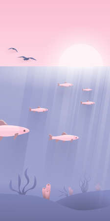 Sea landscape underwater fishes and deep coral. Sunset smartphone wallpaperのイラスト素材