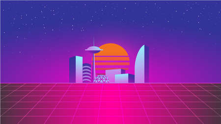 Synthwave neon city with sunset, stars and grid 80`s styleのイラスト素材