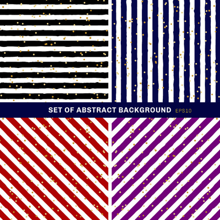 Set of abstract black, blue, red, purple, white striped on trendy background with random gold foil dots pattern. You can use for greeting card or wrapping paper, textile, packaging, etc. Vector illustrationのイラスト素材