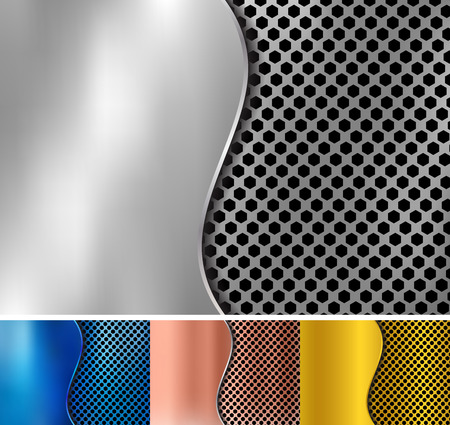 Set of abstract gold, copper, silver, blue metallic metal background made from hexagon pattern texture with curve sheet iron. Geometric texture. Vector illustrationのイラスト素材