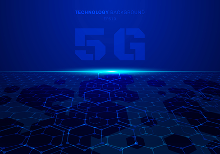 Abstract 5G fururistic concept blue technology hexagon pattern perspective background with light...