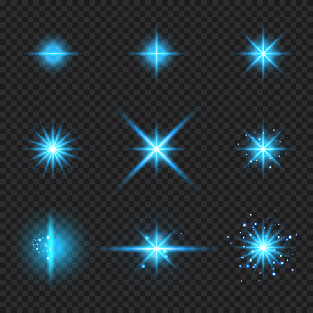 Set of elements glowing blue light burst rays,, stars bursts with sparkles isolated on transparent background. Vector illustrationのイラスト素材
