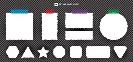 Set of paper torn sheets with tape on transparent background. Vector illustrationのイラスト素材