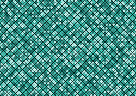 Green turquoise mosaic pixel seamless pattern on black background texture. Squares shapes repeating random color. Vector illustrationのイラスト素材
