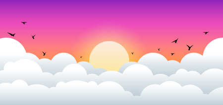 The evening Sunrise and sunset Landscape with cloudy and bird. Illustration vector style colorful view backgroundのイラスト素材
