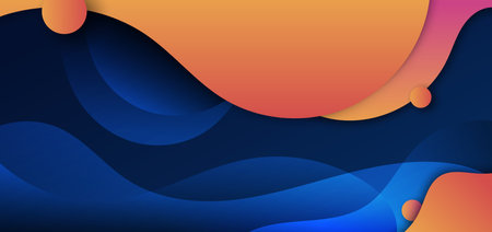 Abstract yellow and orange fluid shape wave curved with circle on dark blue background. Vector...