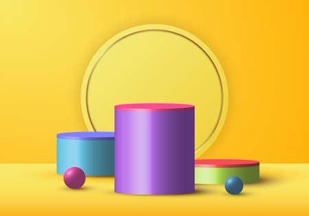 3D realistic yellow rendering and colorful geometric sphere, cylinder studio decoration for display showcase gold circle background. Vector illustrationのイラスト素材
