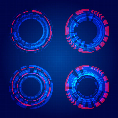 Set of HUD circles technology blue circles elements on dark blue grid background. Abstract digital technology UI futuristic HUD virtual interface elements Sci- Fi modern user motion graphic. Vector illustrationのイラスト素材
