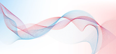 Abstract blue and red wavy dots particles lines smooth curvy shape dot fluid array on white background. Vector illustrationのイラスト素材