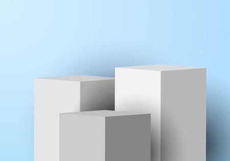 3D realistic white pedestal rectangular box studio room with light product shelf on soft blue background. Vector illustrationのイラスト素材