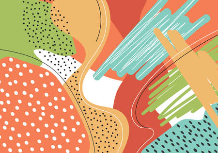 Abstract hand drawn organic shape and brush strokes pattern with dot, wavy line background. Trendy wallpaper, branding, wrapping paper designs. Vector illustrationのイラスト素材