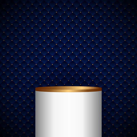 3D realistic white and gold pedestal cylinder product shelf on blue geometric squares pattern design with golden dots luxury background and texture. Vector illustrationのイラスト素材