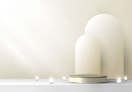 3D stage beige color podium pedestal and rounded backdrop with neon light minimal scene. You can use for product display. Vector illustrationのイラスト素材