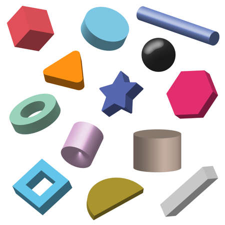 Set of multicolor 3D geometric shapes isolated on white background. Geometry elements glossy different design. Vector graphic illustrationのイラスト素材