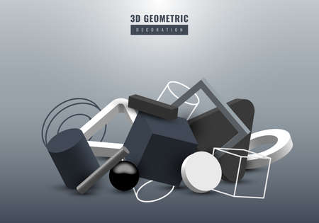 3D realistic black, white and gray geometric group decoration graphic minimal design. Vector graphic illustrationのイラスト素材