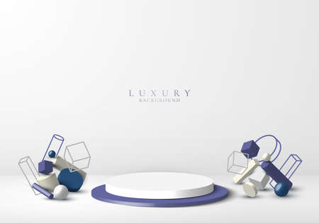 3D realistic product display white and blue podium with geometric decoration on clean background minimal style. Geometric platform design. You can use for product display, presentation cosmetic, etc. Vector graphic illustrationのイラスト素材