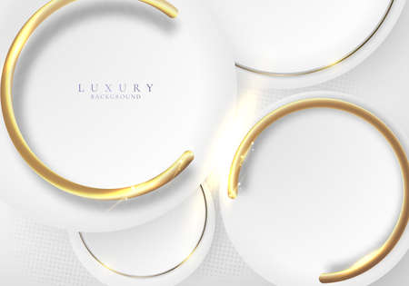 ABstract elegant white circles and 3D golden ring with glow lighting effect on clean background. Luxury style. Vector illustrationのイラスト素材