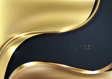 Abstract elegant 3D golden wave shapes and curved line elements with lighting effect on dark blue background. Luxury style. Vector graphic illustrationのイラスト素材
