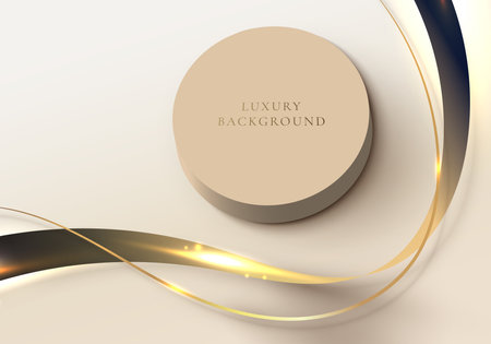 3D realistic brown cylinder podium and elegant golden wave lines and lighting effect on cream studio room background luxury style. You can use for product display, presentation cosmetic, etc. Vector illustrationのイラスト素材