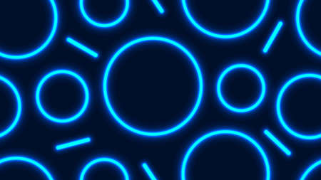Abstract blue glowing neon lighting effect circles geometric seamless pattern on dark background....