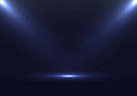 Empty stage blue scene background with spotlights and dust particles effect. Vector graphic illustrationのイラスト素材