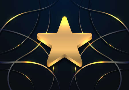 Luxury 3D golden star award badge with abstract wavy gold lines elements on dark blue background. Vector illustrationのイラスト素材