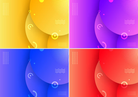 Abstract background yellow, purple, blue, red color circles geometric element design with dot halftone pattern decoration. Vector illustrationのイラスト素材