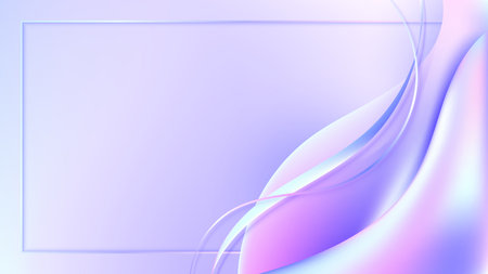 Abstract 3D fluid shapes gradient holographic with wave lines and frame decoration on pastel background. Vector illustrationのイラスト素材
